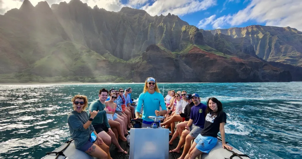 Raft expedition exploring Na Pali Coast sea caves