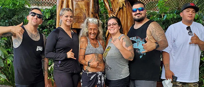 Tourists visiting various scenic stops around an island