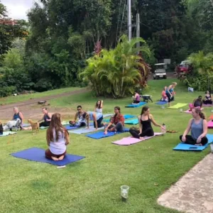 Participants enjoying yoga session with friendly goats nearby