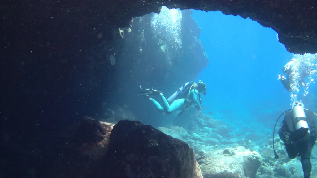 Instructor guiding scuba divers near coral reef