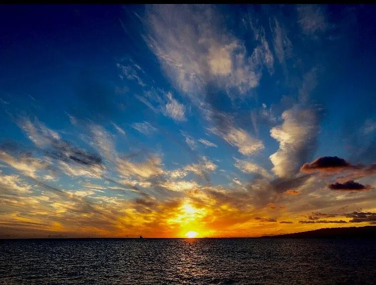 Sailboat gliding past Honolulu skyline at sunset