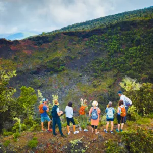 Hikers trekking through volcanic landscape on Hidden Craters