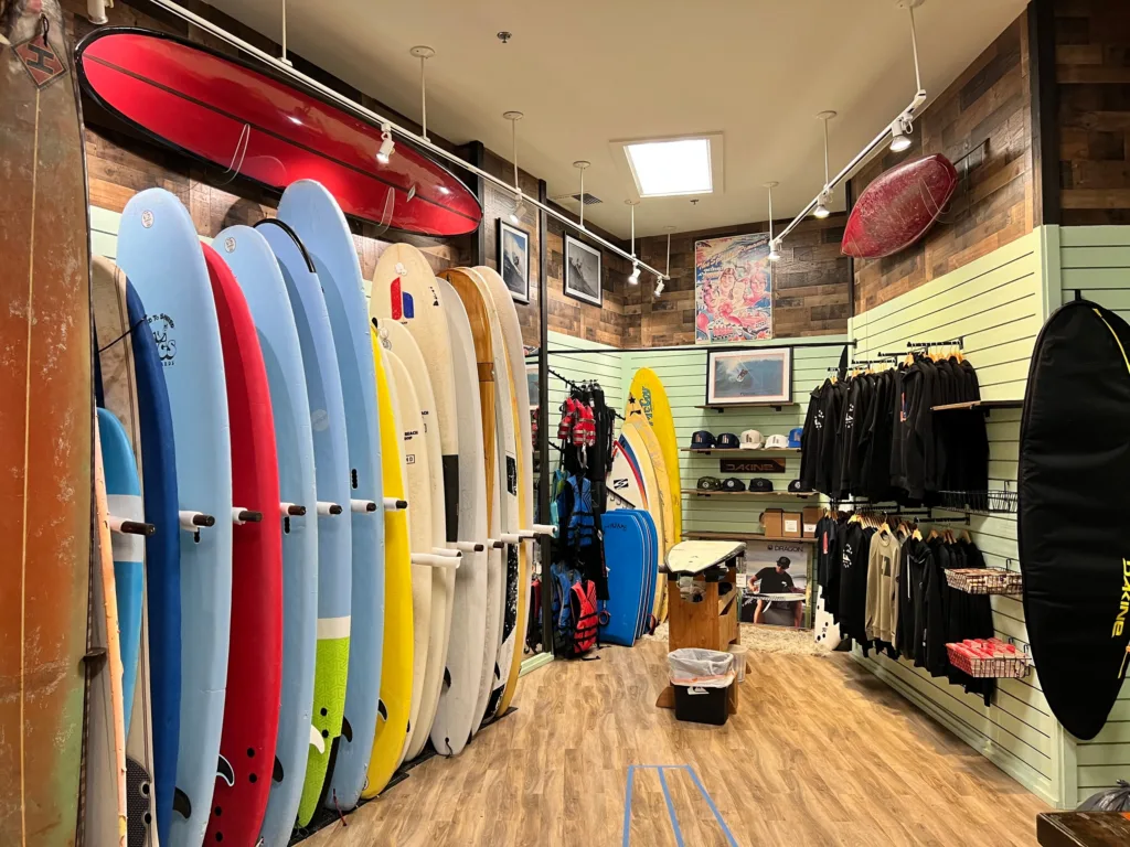 Various surfboards lined up for rental on beach