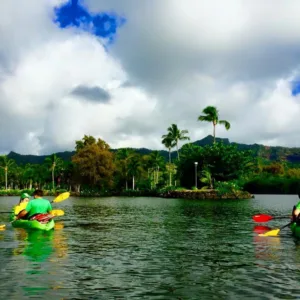 Kayaking through lush tropical waterfalls in Kauai