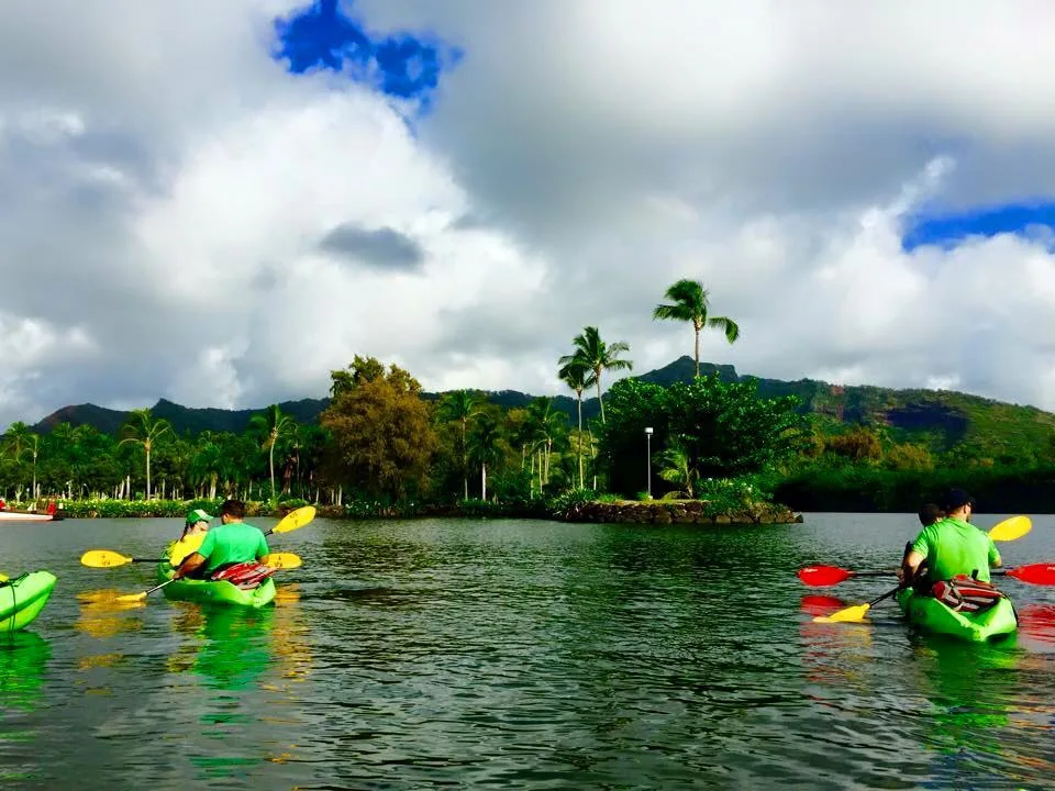 Kayaking through lush tropical waterfalls in Kauai
