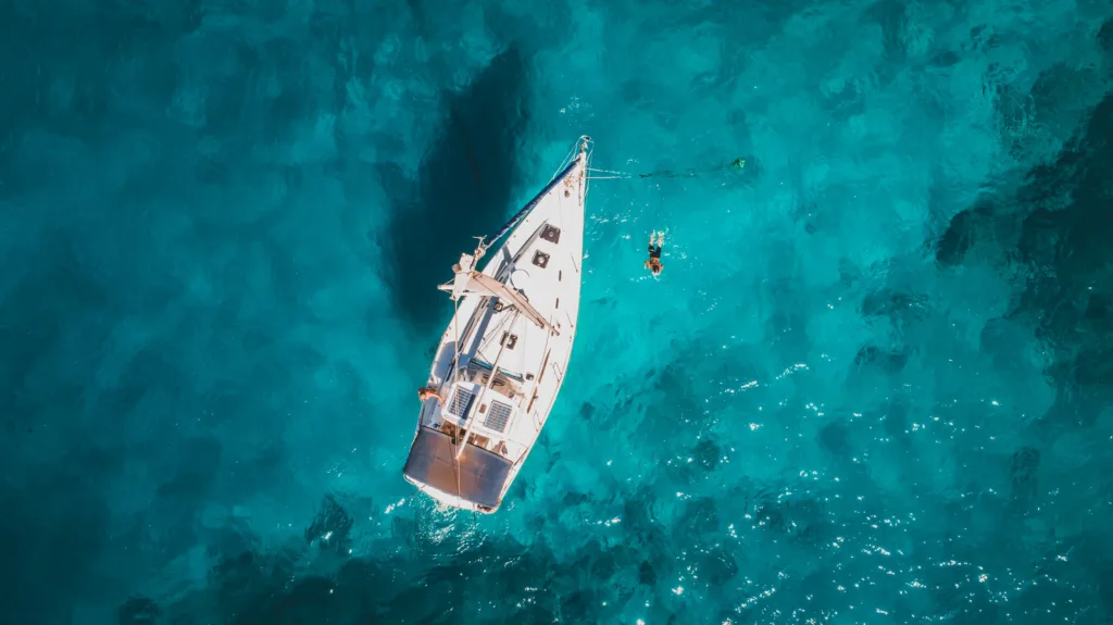 View of monohull boat ready for morning snorkel