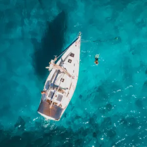 View of monohull boat ready for morning snorkel