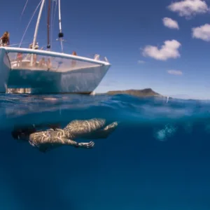 People swimming, snorkeling, and sailing in tropical ocean
