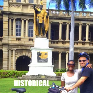 Tour group walking through historic streets of Honolulu