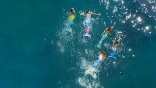 Person dressed as mermaid sitting on rock by sea