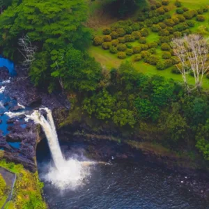 Visitors exploring Rainbow Falls Farm with lush greenery