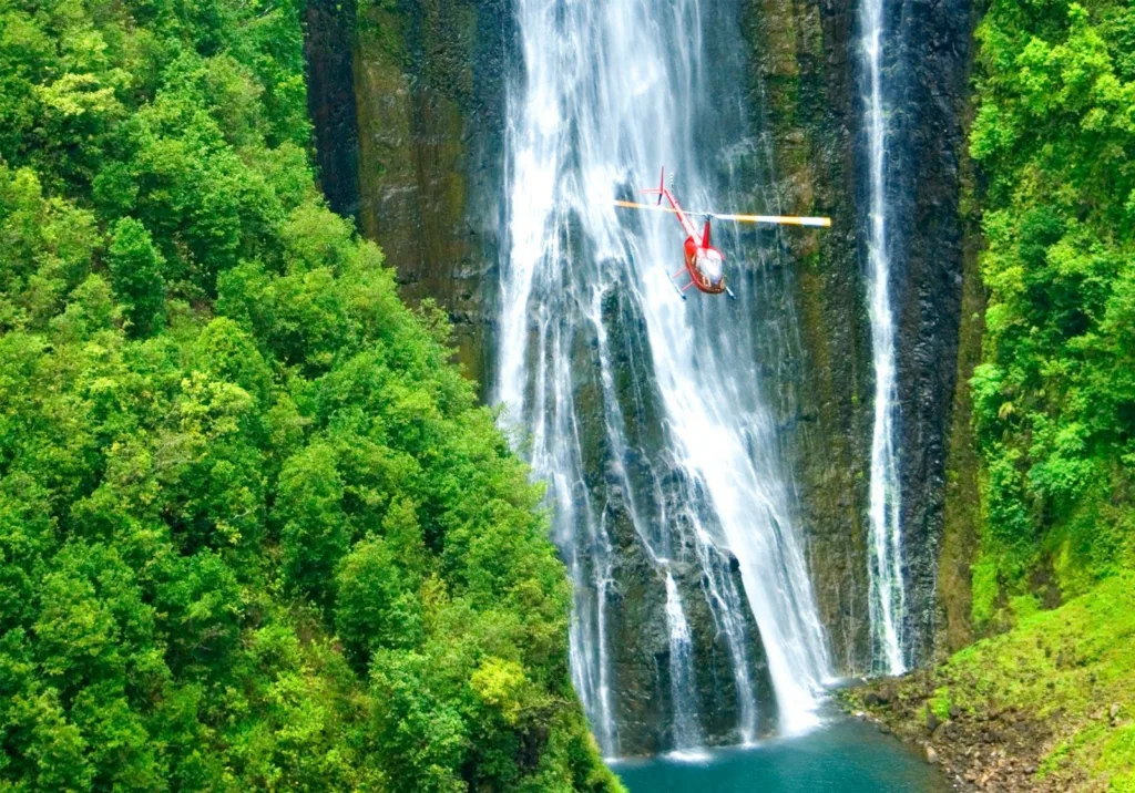 Helicopter flying over Big Island volcanic landscape