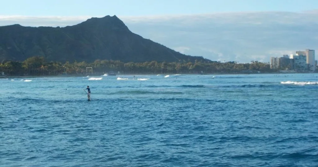 Student learning stand up paddleboarding on Waikiki beach