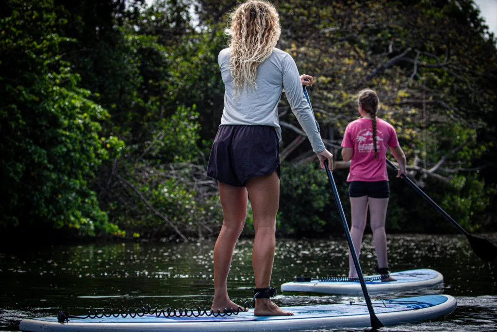 Group paddleboard lesson on calm island waters