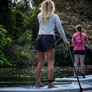Group paddleboard lesson on calm island waters