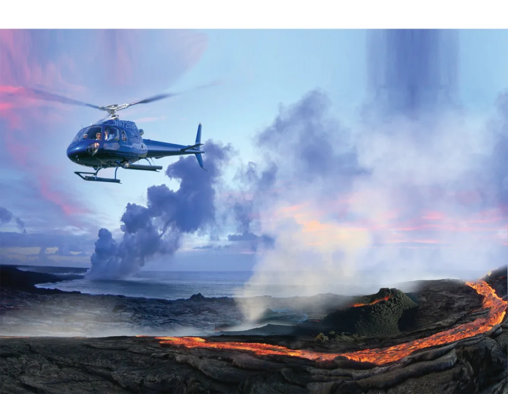Helicopter flying over Big Island volcanoes and ocean