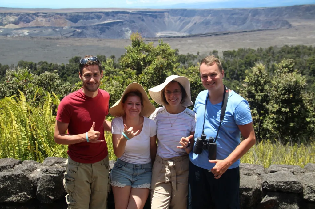 Hikers exploring volcanic terrain in national park