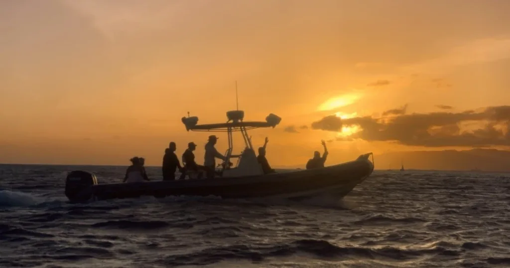 Guests enjoying a sunset cruise with whale watching in Waikiki