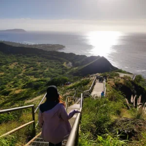 Tourists boarding shuttle to Diamond Head volcanic crater