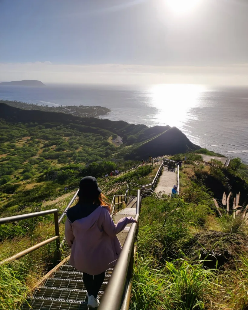 Tourists boarding shuttle to Diamond Head volcanic crater