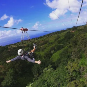 Group enjoying thrilling zipline ride through Maui forest canopy