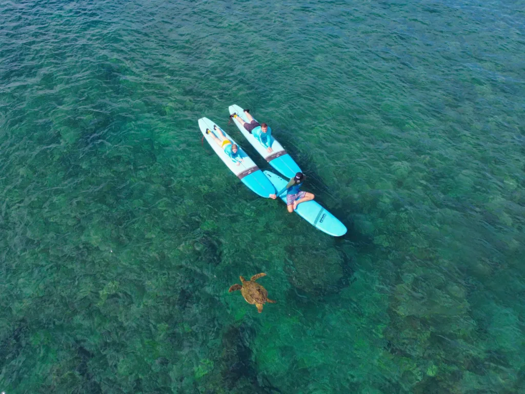 Family receiving surfing lesson on Kahuku beach