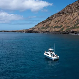 Custom day trip boat anchored near vibrant snorkeling spot