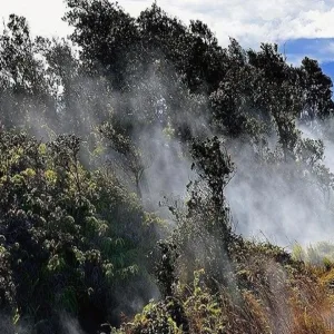 Private helicopter flying over volcanic landscape in Hawaii