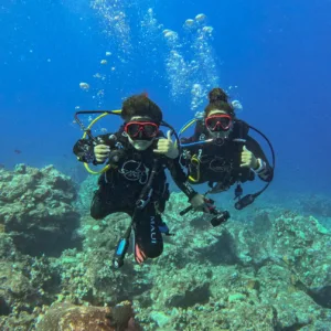 Scuba diver preparing for introductory dive in clear Maui waters