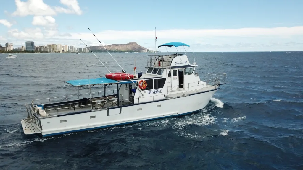 Private boat cruising along tropical island coastline