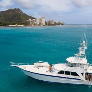 Private boat anchored near tropical island shore