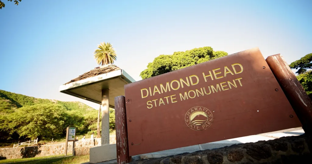Shuttle van parked near trailhead of Diamond Head hike