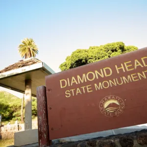 Shuttle van parked near trailhead of Diamond Head hike