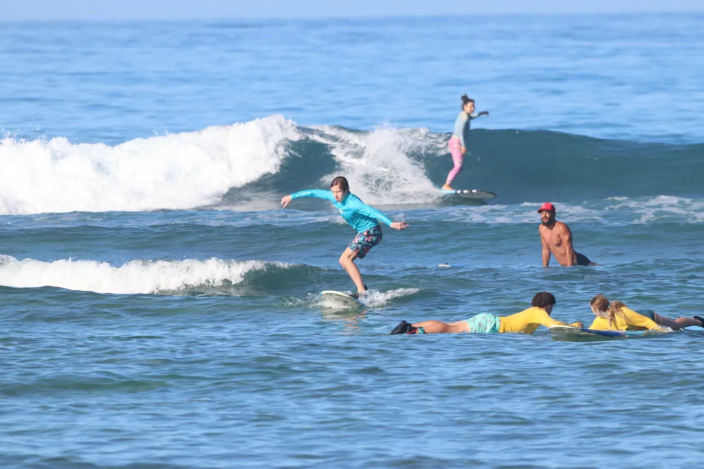 Group learning to surf together on gentle island waves