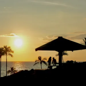 Guests enjoying a tropical sunset over the ocean