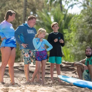Group of surfers preparing to catch ocean waves