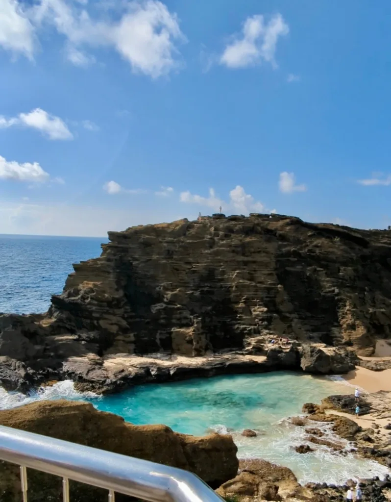 Tour bus driving along scenic Circle Island route in Oahu