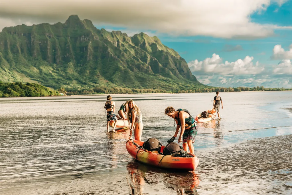 Kayakers exploring Kaneohe Bay sandbar on self-guided trip