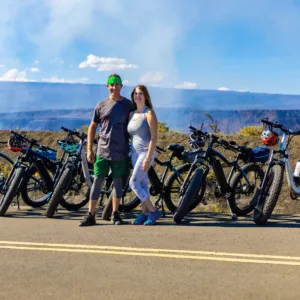 Cyclists on fat tire e-bikes in lush park