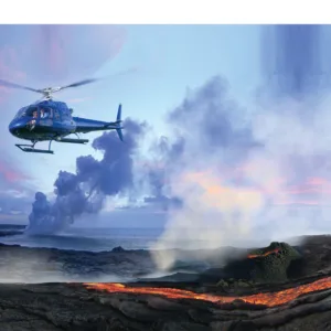 Helicopter flying over volcanic terrain near Hilo town