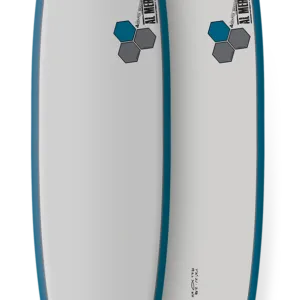 Two week surfboard rental resting on sand with colorful sunset sky