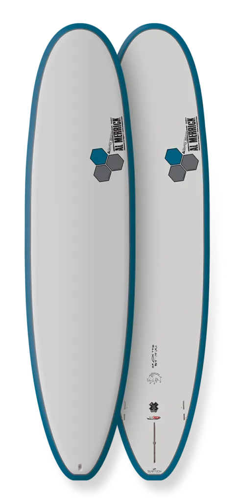 Two week surfboard rental resting on sand with colorful sunset sky