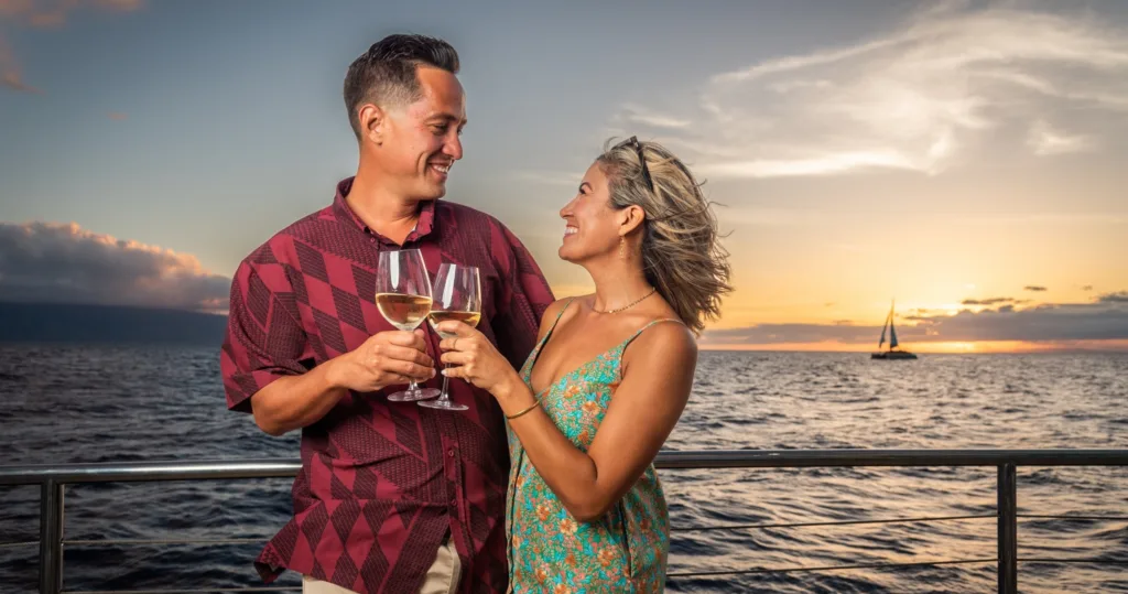 Sunset sailboat with cocktails on calm ocean waters