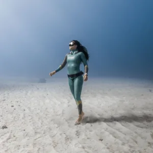 Highly skilled divers performing complex underwater maneuvers