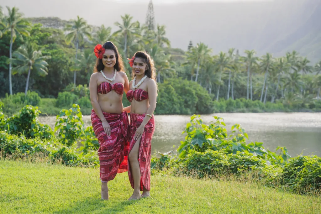 Hula garden surrounded by tropical plants and flowers