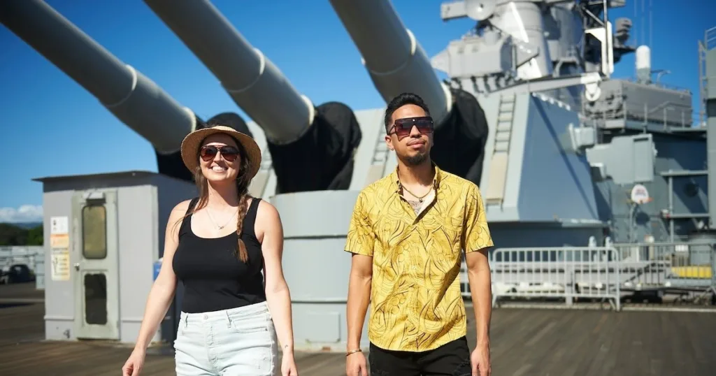 Historic Pearl Harbor site with tour visitors exploring