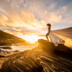 Woman posing in a flowing dress for photo shoot