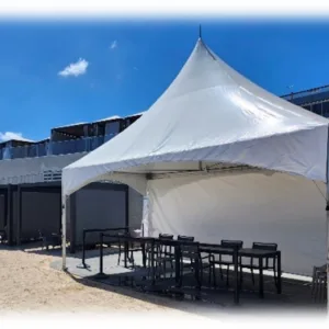 Waterfront tent set up for island event rental