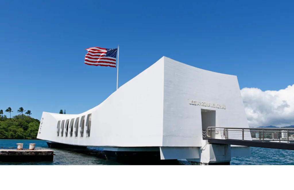 USS Arizona Memorial with visitors paying respects at Pearl Harbor
