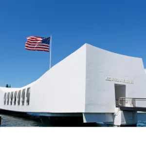 USS Arizona Memorial with visitors paying respects at Pearl Harbor
